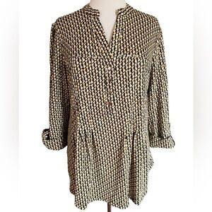 COCOMO 1X yellow brown poly spandex flannel 3/4 sleeve women’s Pintuck tuni…